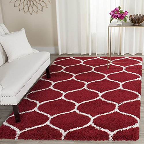 SAFAVIEH Zottelig Teppich für Wohnzimmer, Esszimmer, Schlafzimmer - Hudson Shag Collection, Hoher Flor, Rot und Elfenbein, 183 X 274 cm