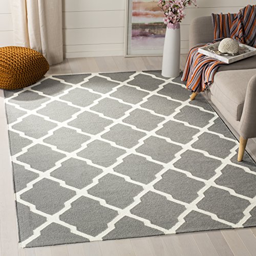 SAFAVIEH Zeitgenössische Teppich für Wohnzimmer, Esszimmer, Schlafzimmer - Dhurrie Collection, Kurzer Flor, Grau und Elfenbein, 122 X 183 cm