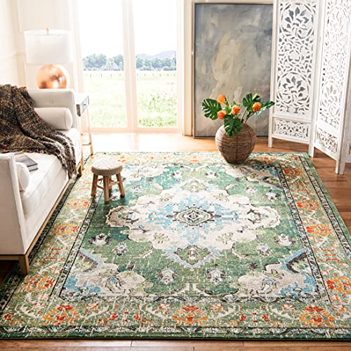 SAFAVIEH Boho Teppich für Wohnzimmer, Esszimmer, Schlafzimmer - Monaco Collection, Kurzer Flor, Waldgrün und Hellblau, 244 X 305 cm