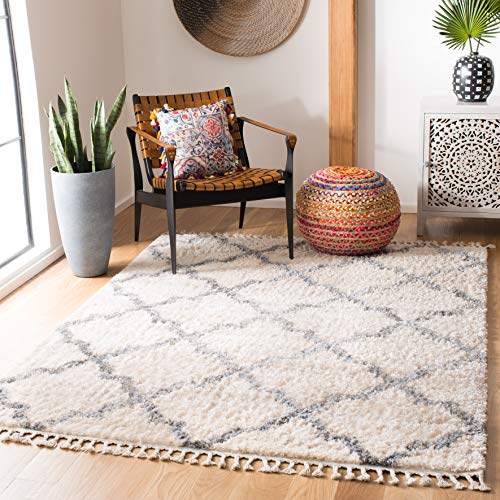 SAFAVIEH Zottelig Teppich für Wohnzimmer, Esszimmer, Schlafzimmer - Berber Fringe Shag Collection, Kurzer Flor, Creme und Grau, 183 X 274 cm