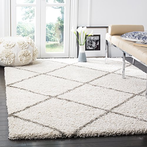 SAFAVIEH Zottelig Teppich für Wohnzimmer, Esszimmer, Schlafzimmer - Hudson Shag Collection, Hoher Flor, Elfenbein und Grau, 213 X 213 cm