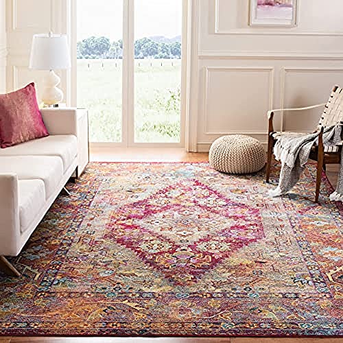 SAFAVIEH Boho Teppich für Wohnzimmer, Esszimmer, Schlafzimmer - Crystal Collection, Kurzer Flor, Hellblau und Fuchsia, 201 X 279 cm