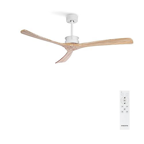 CREATE / WINDLARGE/Deckenventilator Weiß Naturholzflügel mit Fernbedienung/XL, 40W, Leise, Ø152 cm, 6 Geschwindigkeiten, Timer, DC-Motor, Sommer-Winterbetrieb