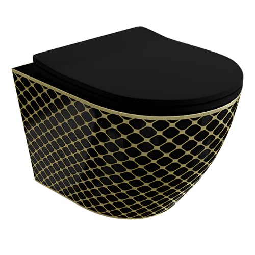 LAVITA Wand-WC Sofi Slim Black Night Hänge Toilette WC Sitz Colordeckel mit Absenkautomatik & Metallscharniere Color Spülrandlos Hängend Colorbecken 365x490x395 mm Schwarz/Gold