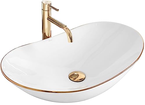 Rea Waschbecken Waschtisch Aufsatzwaschbecken Keramik Handwaschbecken Aufsatz Waschschale Oval Weiß Goldene Kante 36x62 Badezimmer