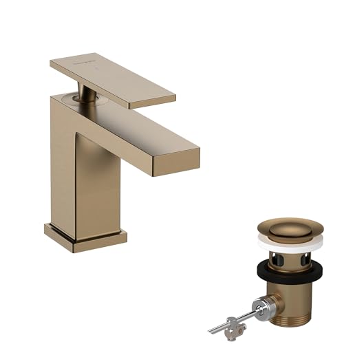 hansgrohe Tecturis E - Waschtischarmatur mit Zugstangen-Ablauf, energiesparend (CoolStart), Wasserhahn Bad mit Auslauf Höhe 90 mm, Mischbatterie wassersparend (EcoSmart+), Brushed Bronze, 73002140