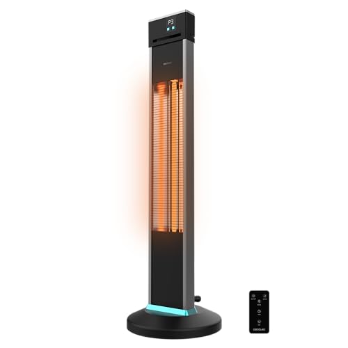Cecotec Elektrischer Außenheizlüfter in Turmform ReadyWarm 2000 Power Tower, 2000 W mit 3 Leistungsstufen, Halogen-Technologie, Schutzart IP34, Fernbedienung und Display, Abdeckungsbereich 10 m