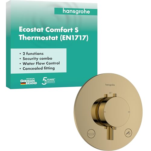 hansgrohe Ecostat Comfort S - Duschthermostat Unterputz mit Sicherungskombination, Duscharmatur mit Sicherheitssperre (SafetyStop) bei 40°C, Thermostat für 2 Verbraucher, Polished Gold Optic, 33718990