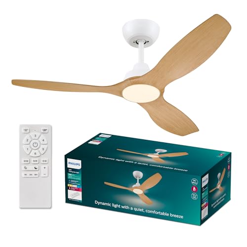 Philips Deckenventilator mit festem Flügel, 3 Flügel, groß (52"), 28 W LED-Licht, Gleichstrommotor, Farbtemperaturbereich (3000 K, 4300 K, 6500 K) mit Dimmfunktion, Weiß/Holz, inkl. Fernbedienung