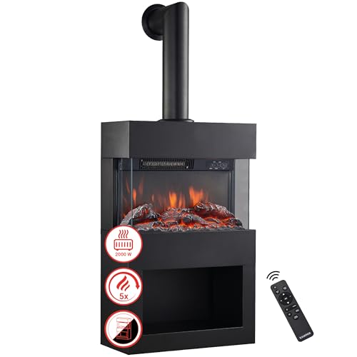 KAMINIO Elektrokamin Henri mit Ofenrohr - Elektrischer Kaminofen mit Heizung, 3D-Flammeneffekt, Holzfach, Fernbedienung (Schwarz)