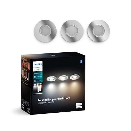 Philips Hue White Ambiance Adore 3er Pack Einbauspot, chrom, 3x5W, Bad-Beleuchtung inkl. Dimmschalter, dimmbar, alle Weißschattierungen, steuerbar via App, kompatibel mit Amazon Alexa (Echo, Echo Dot)