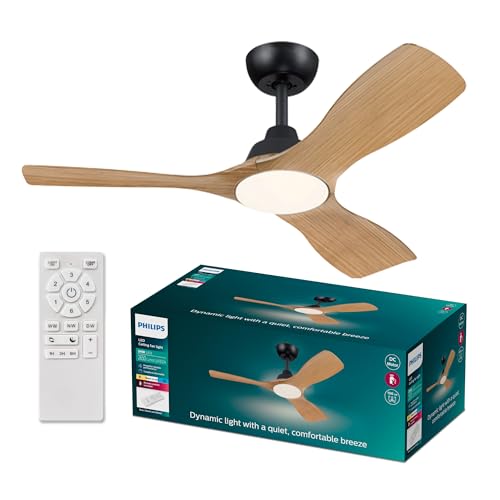 Philips Olas Deckenventilator, 3 Flügel, klein (42") 24 W LED-Licht, DC-Motor, Farbtemperaturbereich (3000 K, 4300 K, 6500 K) mit Dimmfunktion, Schwarz/Holz, inkl. Fernbedienung