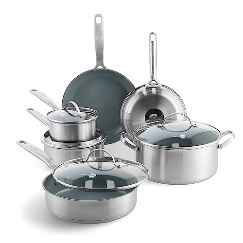 GreenPan Treviso Edelstahl Gesunde Antihaftbeschichtung aus Keramik 10-teiliges Kochgeschirr-Set, inkl. Bratpfannen, Sautierpfanne, PFAS-frei, Induktion, backofenfest, spülmaschinenfest, Silber