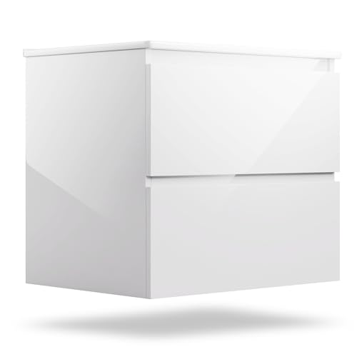 blumfeldt Johnstone Waschbecken mit Unterschrank – weiß Hochglanz Waschtisch mit Soft-Close, Keramikbecken, feuchtigkeitsbeständigem Material und geräumigen Schubladen – einfache Montage