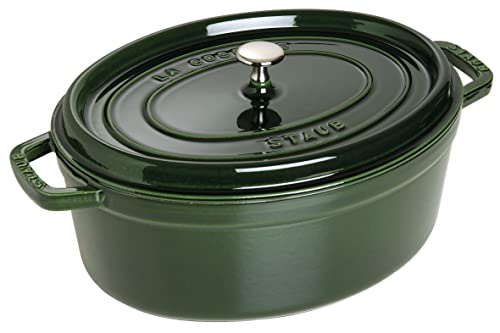 STAUB Gusseisen Bräter/Cocotte, Oval 33 cm, 6,7 L, Aromaregen Funktion für optimale Befeuchtung, Für alle Herdarten inkl. Induktion & Backofen, Basilikum/Grün