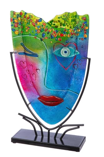 GILDE GLAS art große Deko Vase Gesichtsvase - handbemalte Glasvase mit Metall Ständer - Dekoration Wohnzimmer Höhe 49 cm mehfarbig