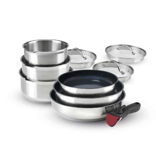 Qulinart by Brandt, 10-teiliges Kochgeschirr-Set, Edelstahl, 3 Töpfe 16/18/20 cm + 3 Bratpfannen mit Antihaftbeschichtung 20/24/26 cm + 3 Siebdeckel mit Bakelitgriff 16/18 /20 cm + 1 abnehmbarer Griff