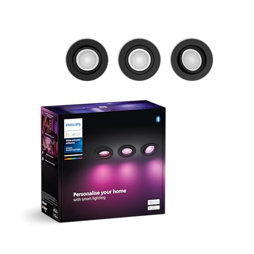 Philips Hue White & Color Ambiance Centura runde Einbauspots 3er Pack (1.050 lm), dimmbare Deckenlampen mit 16 Mio. Farben, smarte Lichtsteuerung über Sprache und App, schwarz, neue Generation