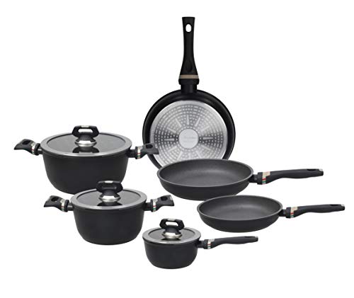 Tognana Italika Premium Antihaft-Kochgeschirr-Set mit 3 Pfannen, 3 Kochtöpfen, 3 Glasdeckeln, 9-teilig, Aluminium, schwarz