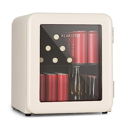 Klarstein Mini Kühlschrank mit Glastür, 48L Mini-Kühlschrank für Zimmer und Büro, Getränkekühlschrank Klein mit Herausnehmbarer Ablage, Kleiner Kühlschrank, Indoor/Outdoor Kühlschrank Leise 0-10°C