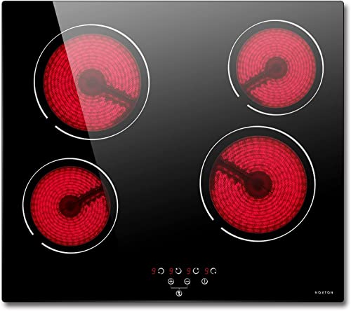 NOXTON 4 Zonen Keramikkochfeld Einbau, Glaskeramikkochfeld 60 cm mit Kindersicherung, 9 Heizstufen mit Touch-Steuerung, Geeignet für alle Pfannen, 220V-240V, 6000W, Keine Stecker