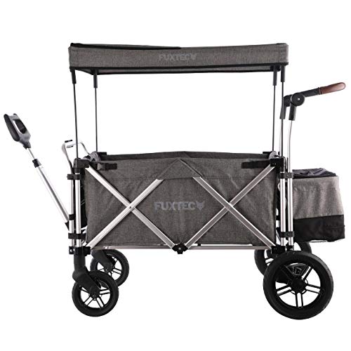 Fuxtec Bollerwagen faltbar FX-CTL900 Premium Grau mit Dach - Transportwagen klappbar |inkl. Hecktasche mit Schuhfach & Komfort-Schiebegriff | 5-Punkt-Gurt | Handwagen/Leiterwagen – Das Original