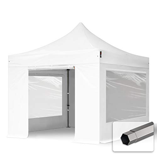 TOOLPORT Faltzelt Faltpavillon Pavillon 3x3m - mit 4 Seitenteilen (Panoramafenster) Premium Dach Partyzelt schwer entflammbar weiß