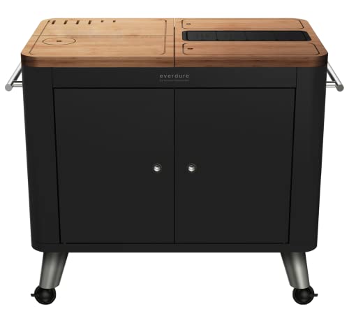 Everdure by Heston blumenthal Mobile Outdoor Küche in Schwarz I Outdoor Küchenzeile mit Transporträdern für Zubereitung beim Grillen I inkl. Arbeitsfläche, Aufbewahrungen und Abfalleimer
