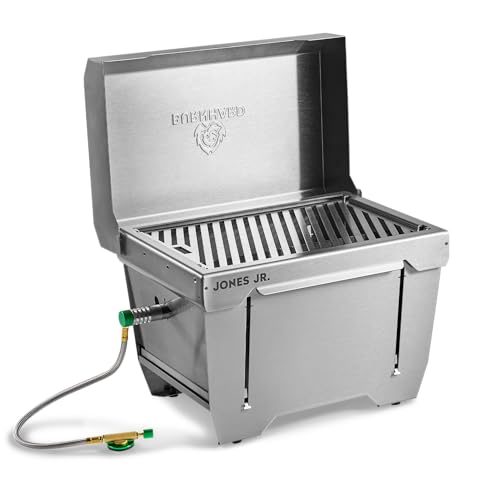 BURNHARD Camping Gasgrill Jones Jr. Edelstahl Klappgrill mit Deckel 1-Brenner 3,2 kW inkl. Transporttasche mit Rucksackfunktion und Multitool, Faltgrill ideal für Camping