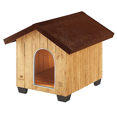 Ferplast Hundehütte mittelgroße Hunde Domus MEDIUM aus FSC-Holz, Hundehaus Outdoor Wetterfest, Isolierende Kunststofffüße, Tür mit Bissschutzkante aus Aluminium, 70 x 82 x h 67 cm.