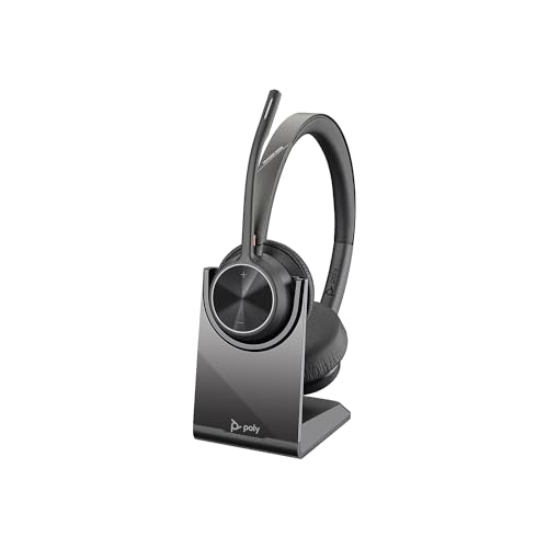 Plantronics Poly – schnurloses Voyager 4320 UC-Headset mit Ladestation (Plantronics) – Kopfhörer mit Mikrofonarm – USB-C-Bluetooth-Adapter – kompatibel mit Teams, Zoom und mehr, Schwarz