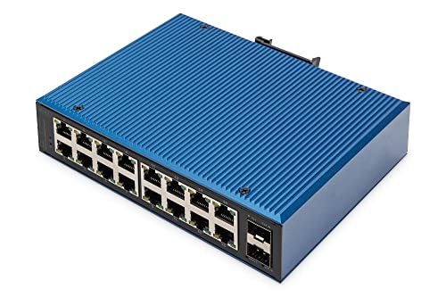 DIGITUS Netzwerk-Switch - 18-Port Gigabit Ethernet - 16x RJ45 + 2X SFP-Port - Unmanaged - 10/100/1000 Mbit/s - Hutschienen & Wandmontage - IP40 - Industrial Serie - Blau