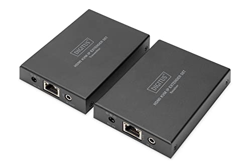 DIGITUS HDMI KVM Extender Set - Sender & Empfänger - über IP - bis 150 m Reichweite - Full HD 1080p - HDMI 1.4 - USB 1.1 - HDCP 1.4 - Anschlus von Maus & Tastatur - Patchkabel ab CAT 5e
