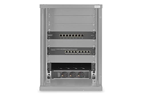 DIGITUS 10-Zoll Set - Netzwerk-Schrank 9HE Schwarz - Fachboden - Steckdosenleiste - 8-Port Patch-Panel - 8-Port Gigabit-Switch