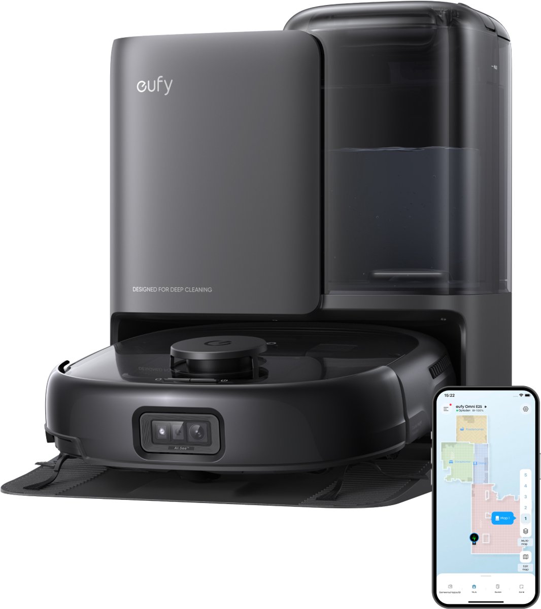 Eufy Robot Vacuum Omni E25 schwarz | Saugroboter | FlexiOne Tiefenreinigung | mit Basisstation | 20000 bar Saugkraft | App-Funktion | kein Verheddern