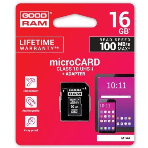 Goodram, microSDHC 16GB CL10 Karte + Adapter