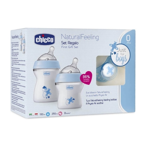 Chicco NaturalFeeling Set Flasche 150ml 0m+ + Flasche 250ml 2m+ + Sauger PhysioForma Comfort 0m+ Blau
