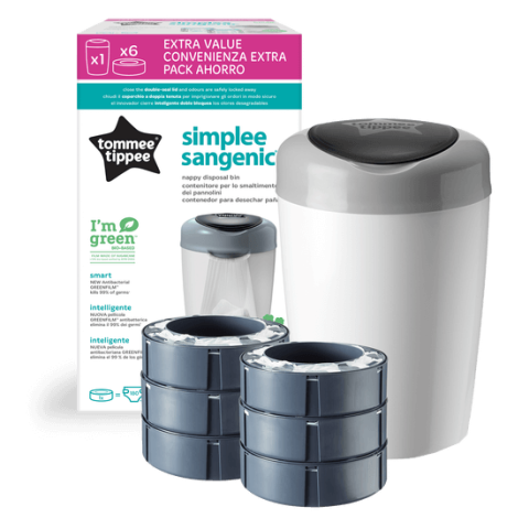 Windelkorb + 6 Nachfüllpackungen Sangenic Simplee Recycelbar, Weiß mit Grau, Tommee Tippee