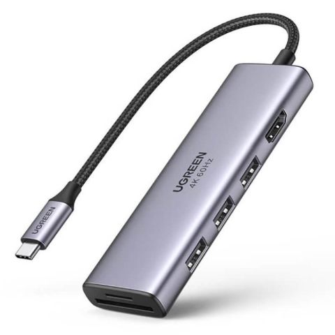 Ugreen 6in1 Multi-Funktions USB Typ C HUB - 3x USB 3.2 Gen 1 / HDMI 4K 60Hz / SD und TF Kartenleser grau (60383 CM511)