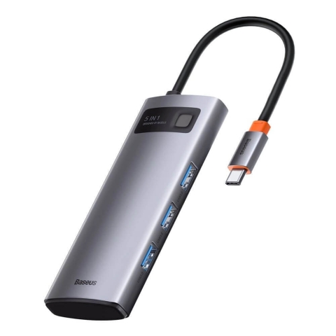 Baseus Metal Gleam 5in1 Multifunktionaler USB Typ C HUB - USB Typ C Power Delivery 100 W / HDMI 4K 30 Hz / 3x USB 3.2 Gen 1 Grau (CAHUB-CX0G)