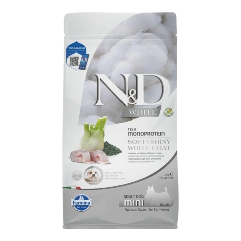 Trockenfutter mit Barsch, Fenchel und Spirulina für Hunde N&D White Mini Adult, 2000 g, Farmina
