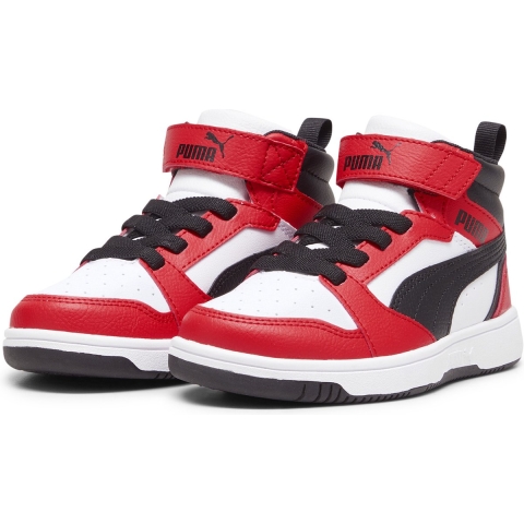 Puma Rebound V6 Mid Sneakers Kinder Schuhe | White/Black/Red | Größe: 35
