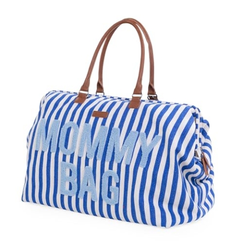 CHILDHOME, Mommy Bag, Wickeltasche, Umstandstasche, Reisetasche, großes Fassungsvermögen, Wickelauflage, Verstellbarer Schultergurt, Unterteilt, Isoliertasche, Durchgang Trolleygriff, Blaue Streifen