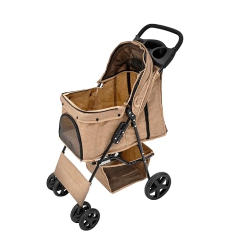 Kinderwagen-Organizer für Haustiere, aus beigem Stoff, Reisezubehörtasche für Kinderwagen, abnehmbare Gurte mit Klettverschluss, Vordertasche aus Leinenstoff