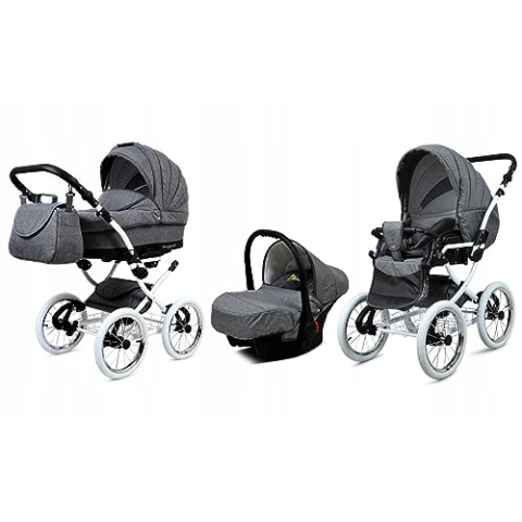 BabyLux® Bambimo Kinderwagen Set 3 in 1 - Margaret White - incl. Babywanne, Buggy Sportsitz, Auto-Babyschale - Autositz - Kinderwagenset - Kombikinderwagen mit Wickeltasche, Regenschutz usw.