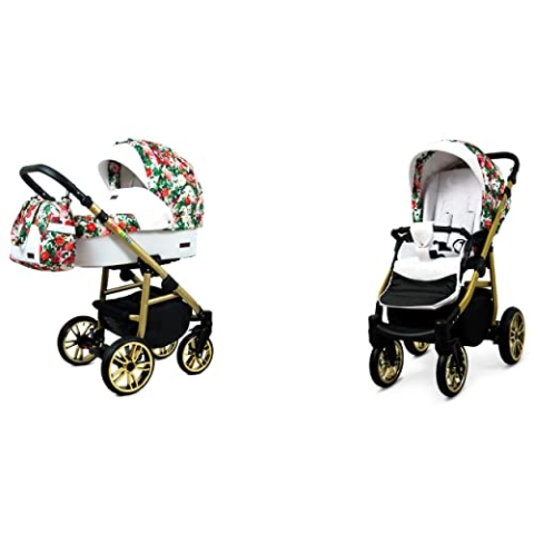 BabyLux Color Lux 2-in-1 Baby Kinderwagen Tief und Kinderwagen mit Zubehör Verstellbar und faltbar Aluminiumkonstruktion Wasserdichte Nicht abnehmbare Räder Small Roses Gold Frame