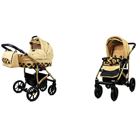 BabyLux Largo 2-in-1 Baby Kinderwagen Tief und Kinderwagen mit Zubehör Verstellbar und faltbar Aluminiumkonstruktion Wasserdicht Nicht abnehmbare Räder Black Aqua Gold Frame