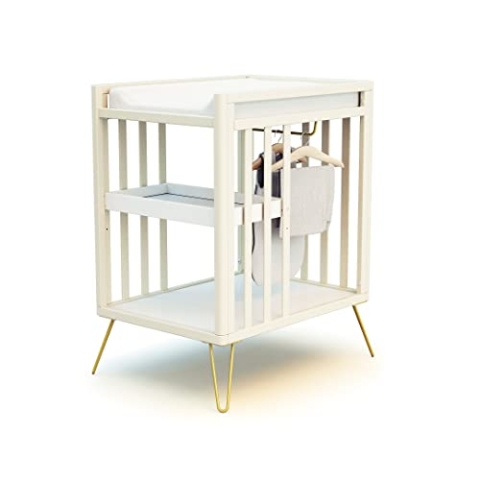 JURABABY – Wickeltisch mit 2 Holzregalen NUR Gelb| 76 x 56 x 94 cm | Mit Tablett, Regal und Garderobe | Kompakt | Stabil mit Stahlbeinen