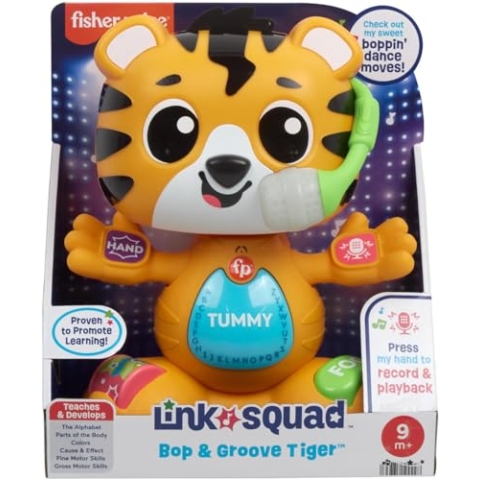 Fisher-Price Baby Lernspielzeug Link Squad Bop & Groove Tiger mit Musik & Lichtern für Kinder ab 9 Monaten, UK Englische Version, Nur kompatibel mit Link Squad Artikeln, HYL24