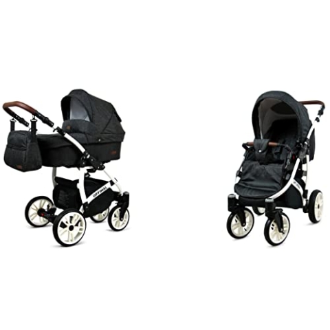 BabyLux Optimal 2-in-1 Baby Kinderwagen Tief und Kinderwagen mit Zubehör Verstellbar und faltbar Aluminium Konstruktion Wasserdicht Nicht abnehmbare Räder Blue Flex White Frame